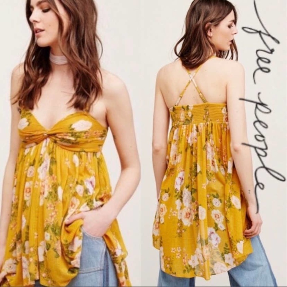 Free People Yellow Floral Tunic Top